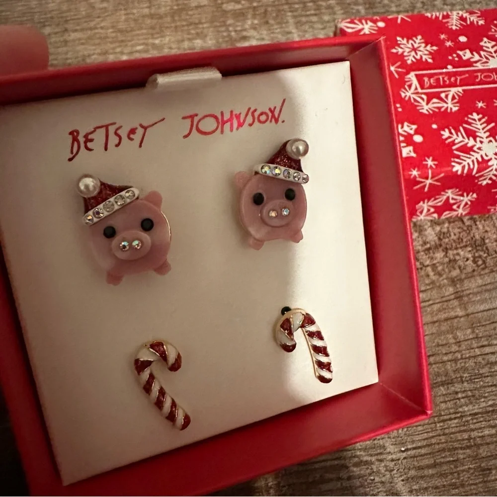 Betsey Johnson Christmas Pig & Candy Cane Stud Earring Set
